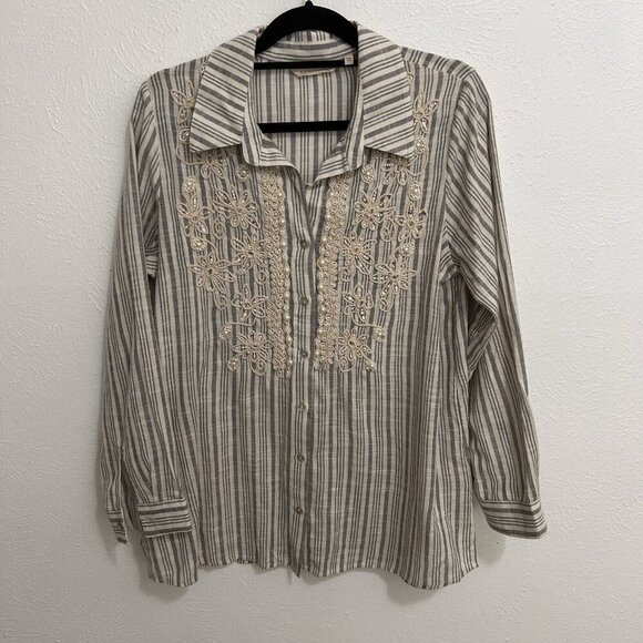Soft Surroundings Blouse Womens M Embroidered Beaded Floral Striped Cotton Tunic - Picture 2 of 12